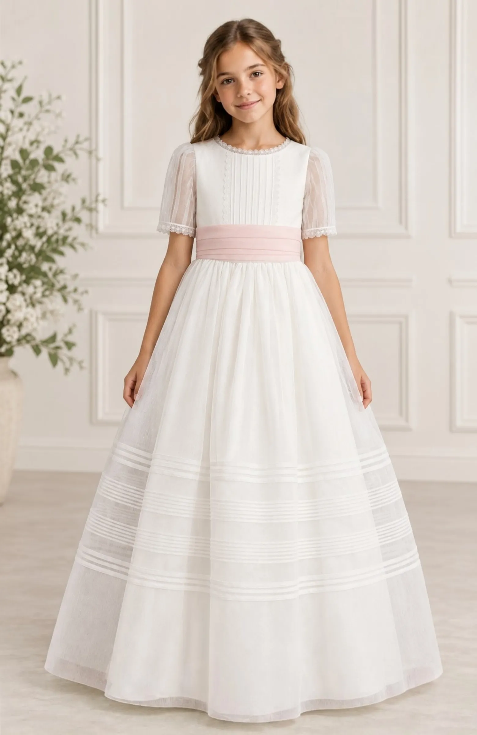 Vestido Comunión jaretas fajin rosa Borax