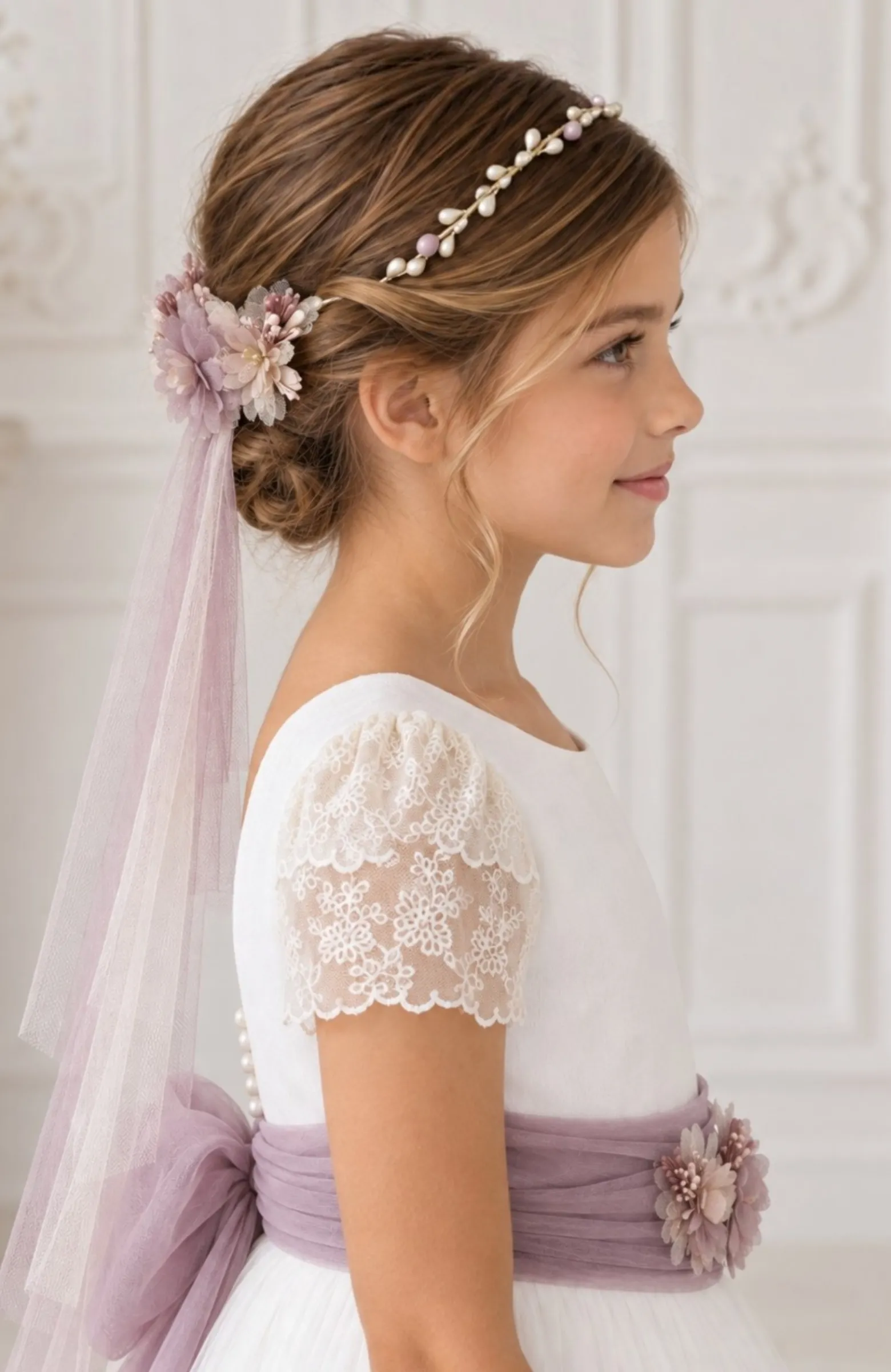 Vestido de Comunión con fajín morado Cala