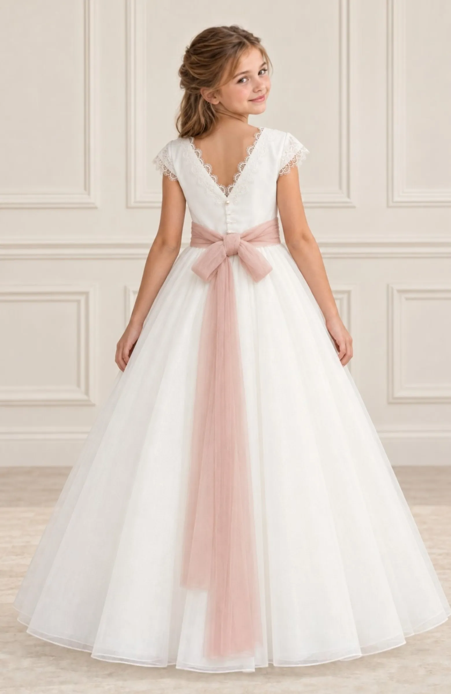 Vestido Comunión niña falda capa fajin rosa Creta