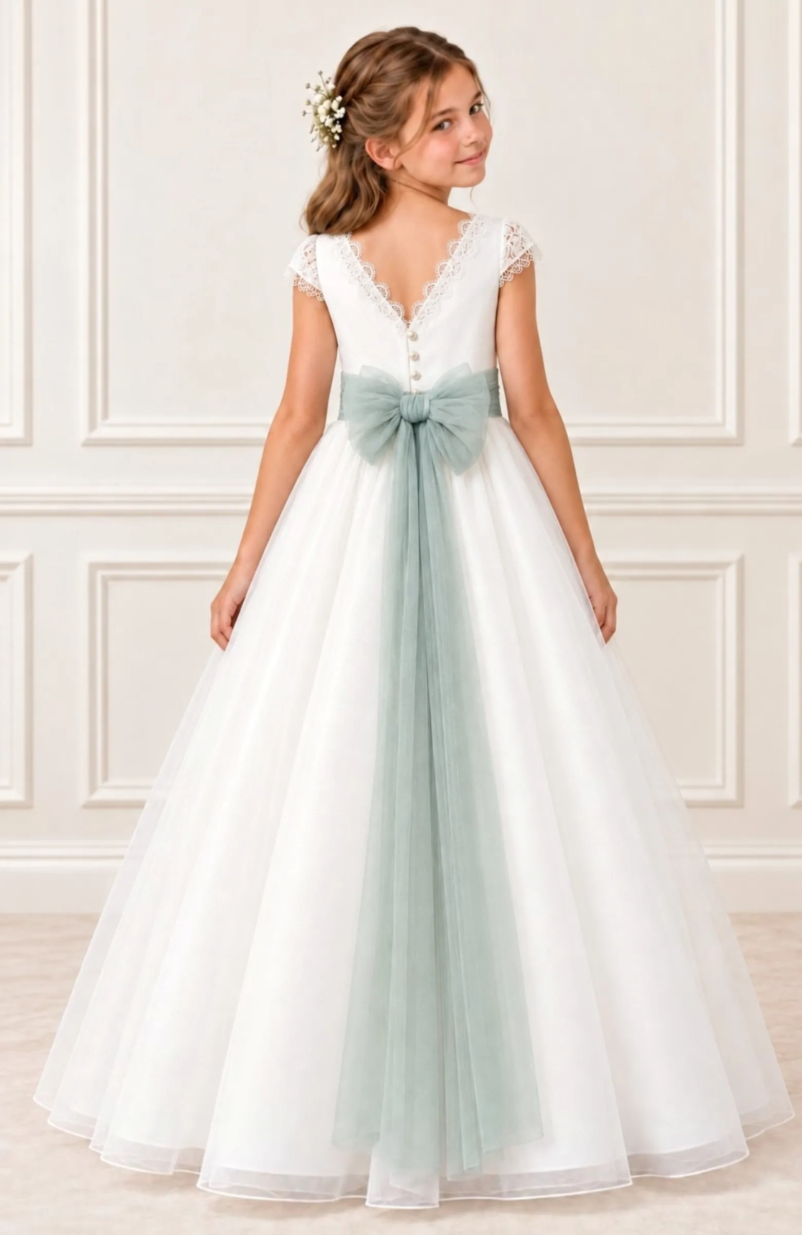 Vestido Comunión falda capa Creta fajin verde