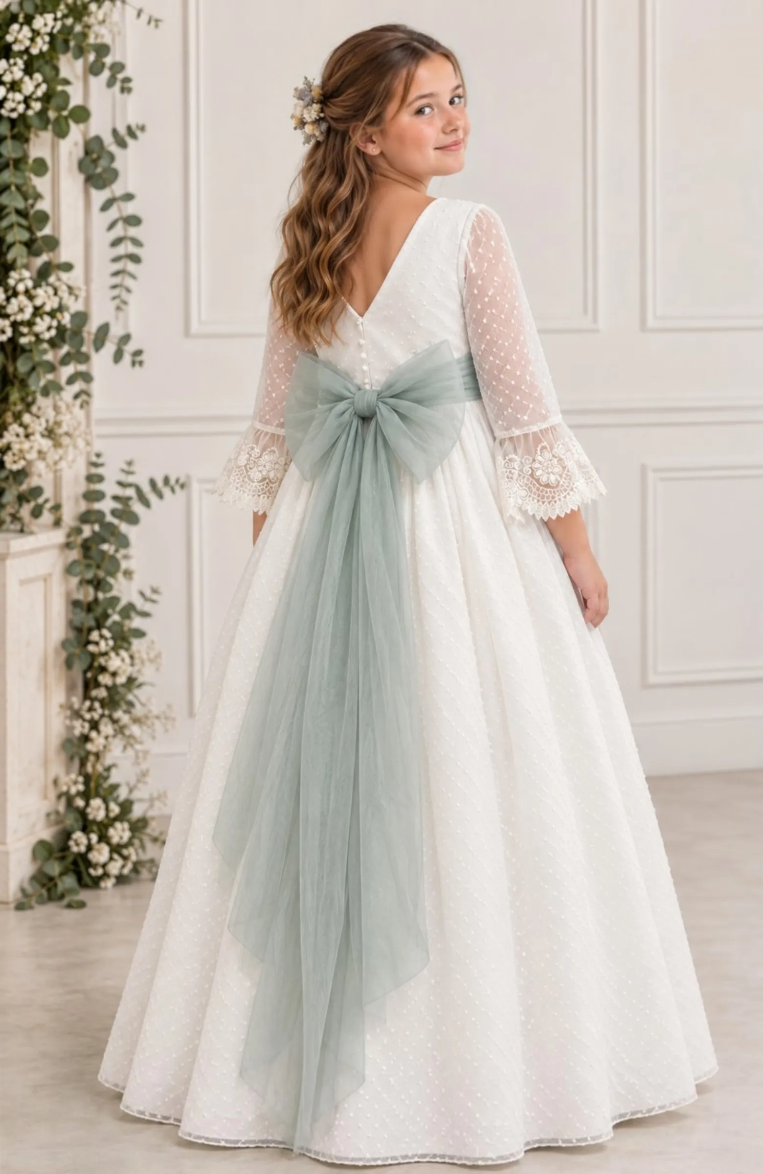 Vestido Comunión plumeti  fajin verde Flor