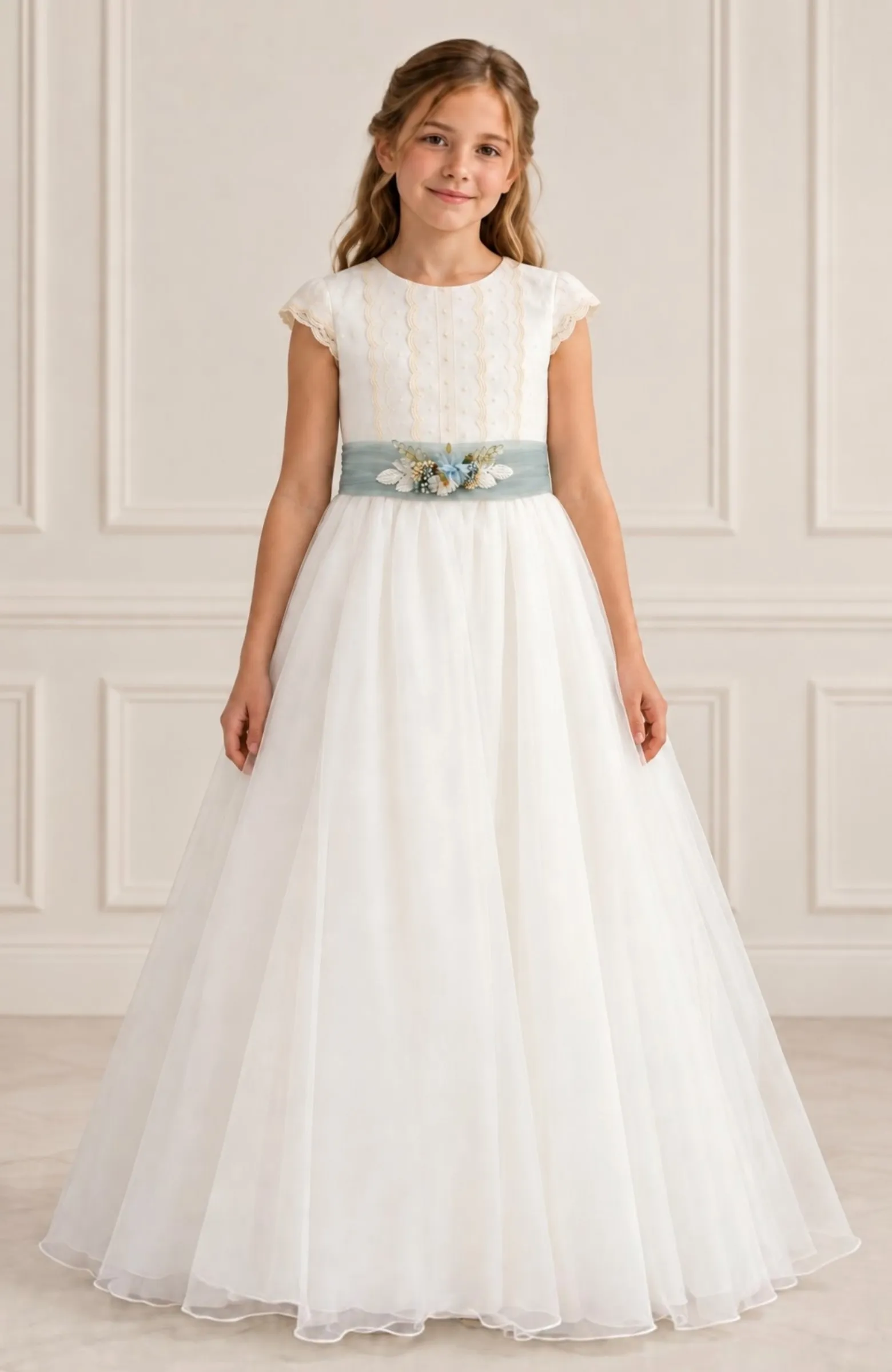 ¡Vestido Comunión capa fajin verde Jade