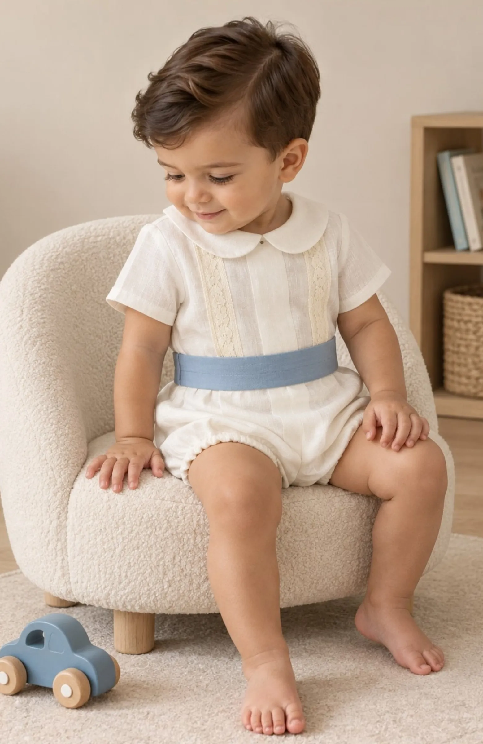 Traje bautizo niño lino fajin azul Leo