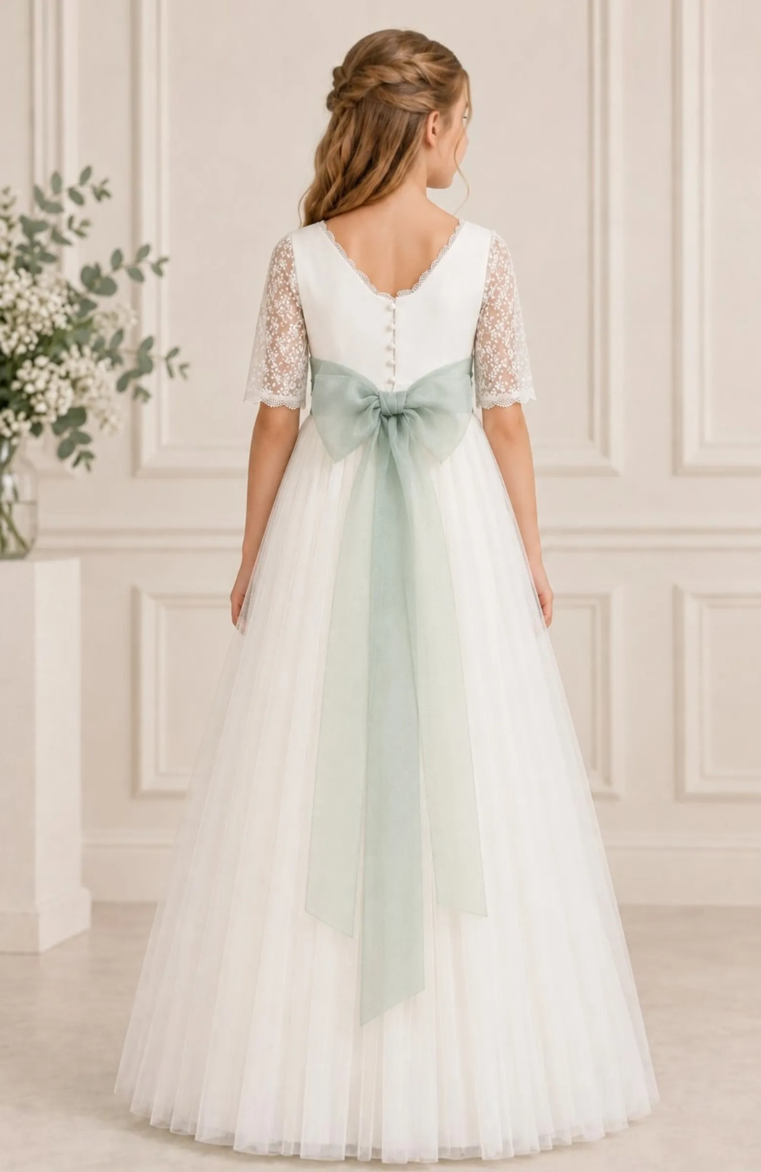 Vestido Comunión fajín verde Mica