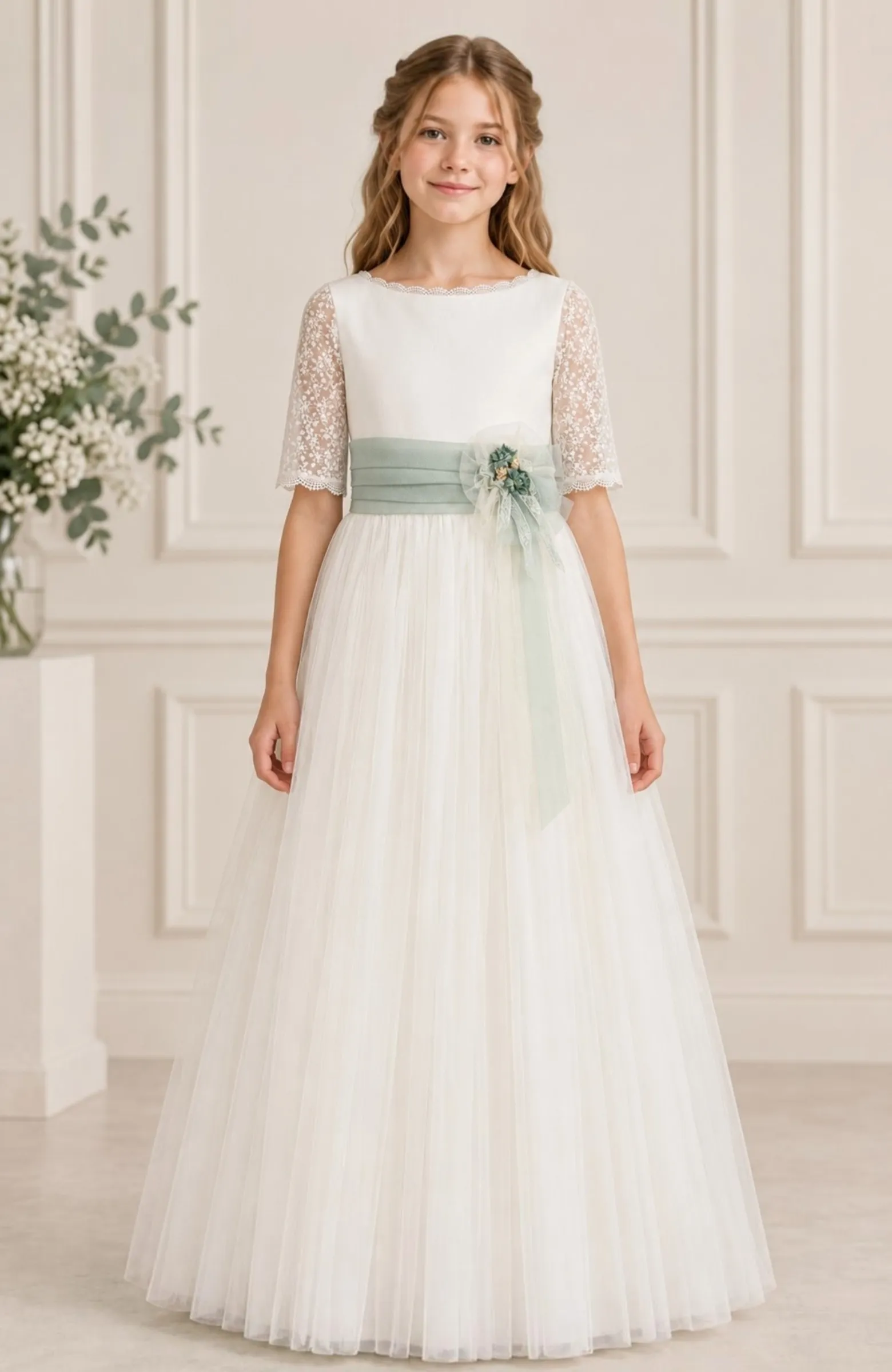 Vestido Comunión fajín verde Mica