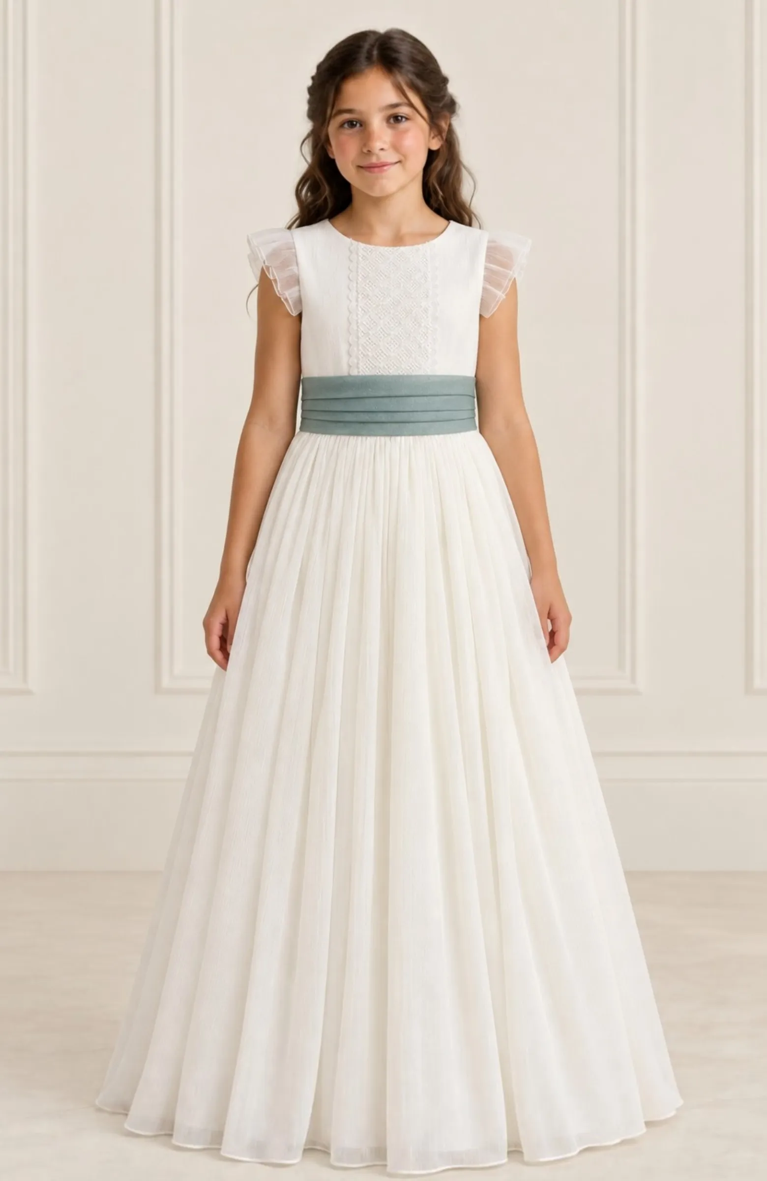 Vestido Comunión jaretas fajin verde Oro