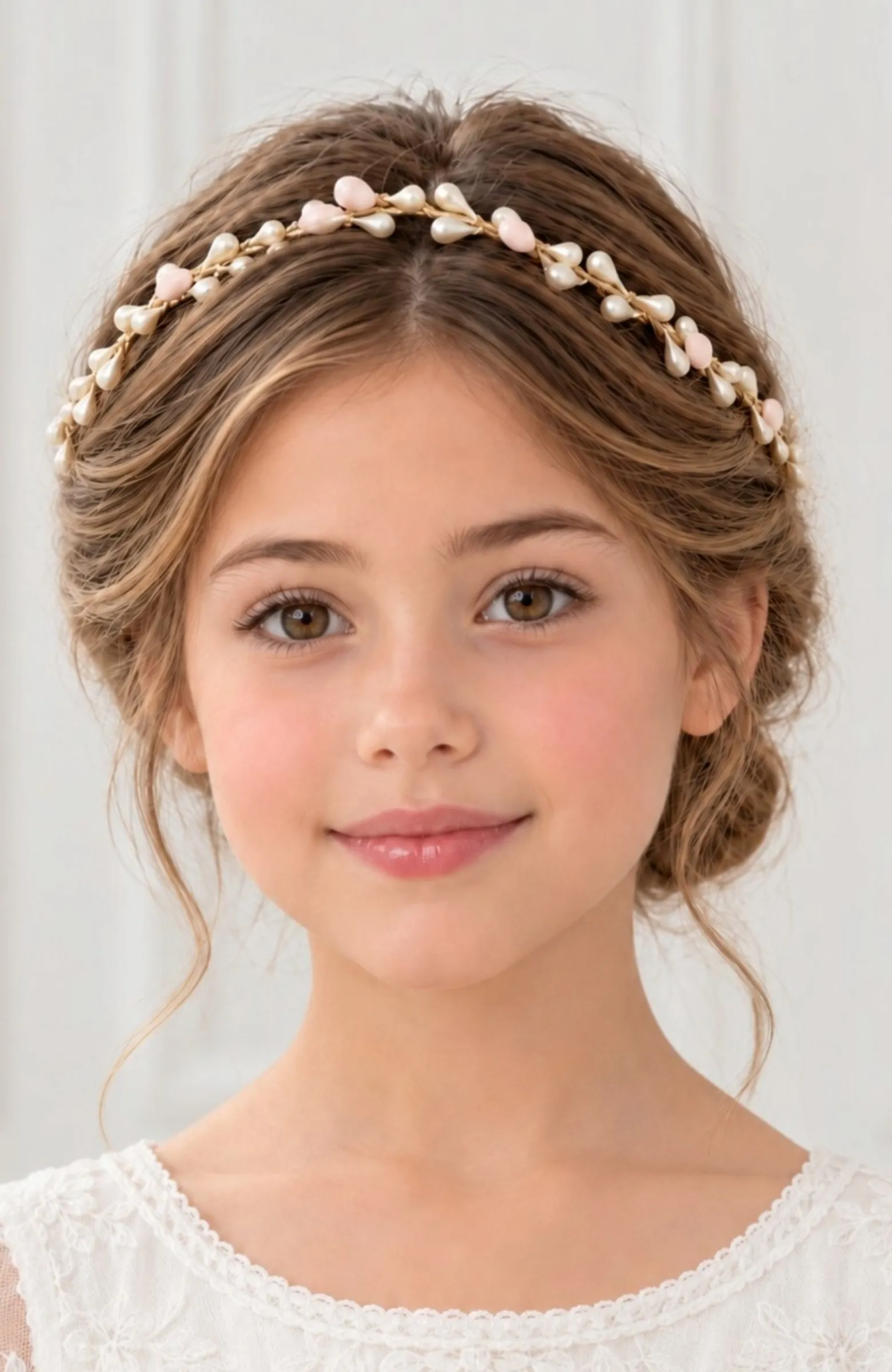 Corona niña ceremonia Comunión rosa Aura