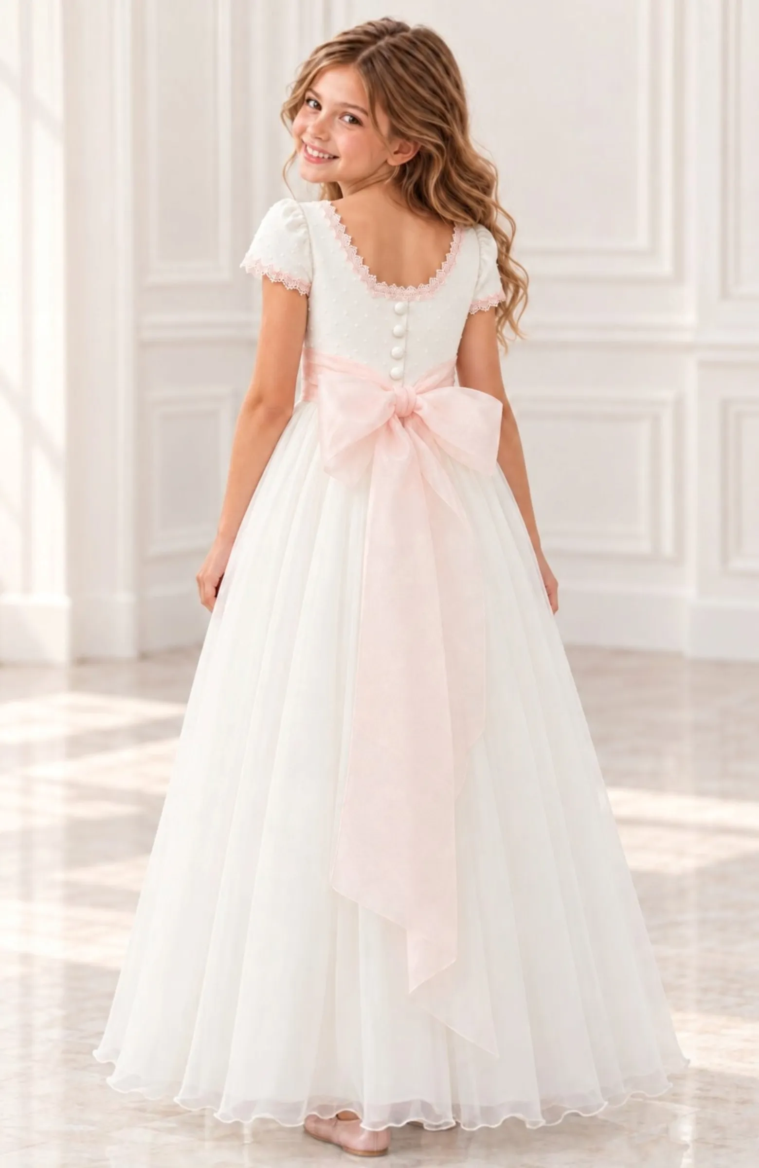 Vestido niña Comunión topos fajín rosa Bacha