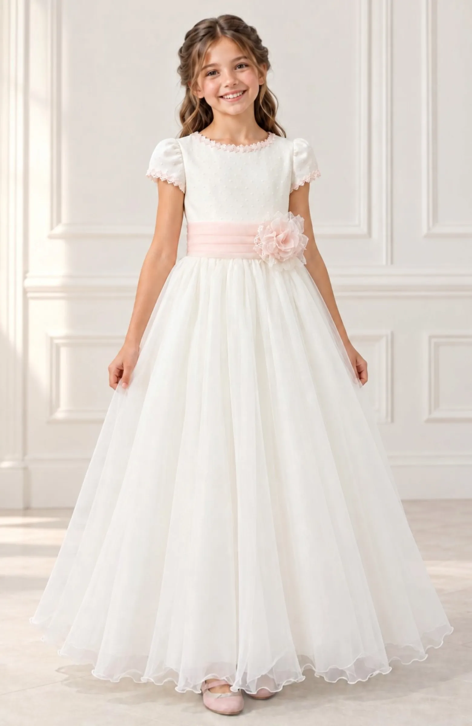 Vestido niña Comunión topos fajín rosa Bacha
