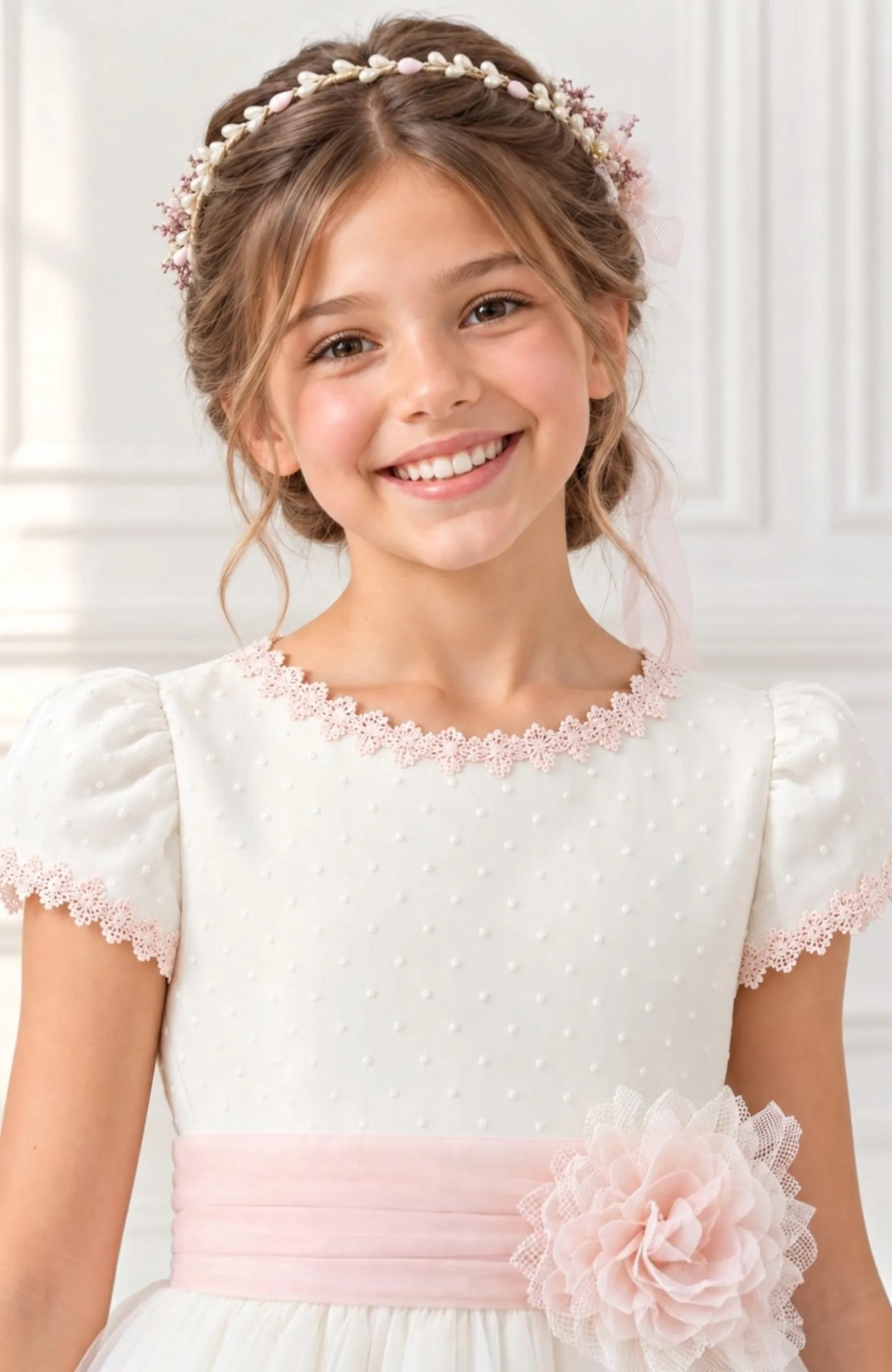Vestido niña Comunión topos fajín rosa Bacha