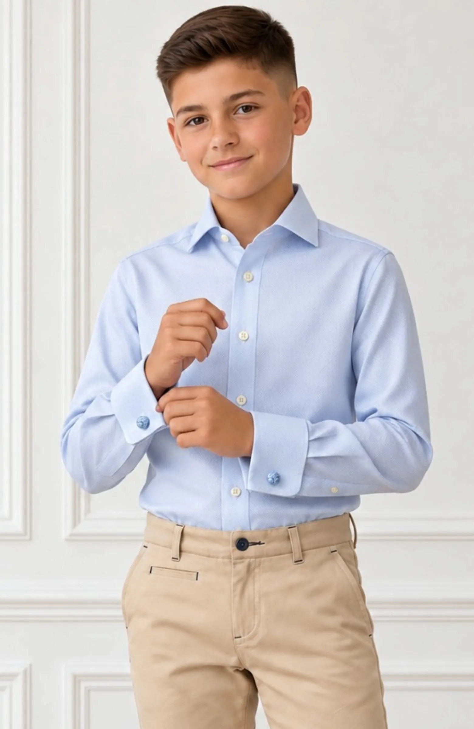 Camisa niño vestir piqué azul con cuello italiano y puño doble con gemelos