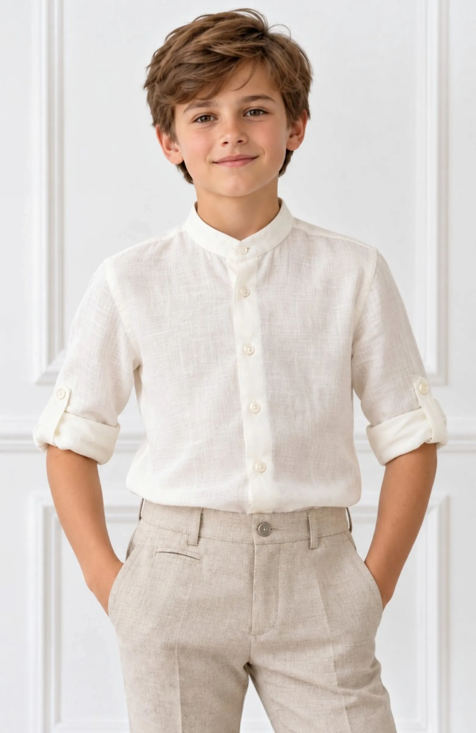 Camisa niño lino ceremonia  cuello mao crudo Pava