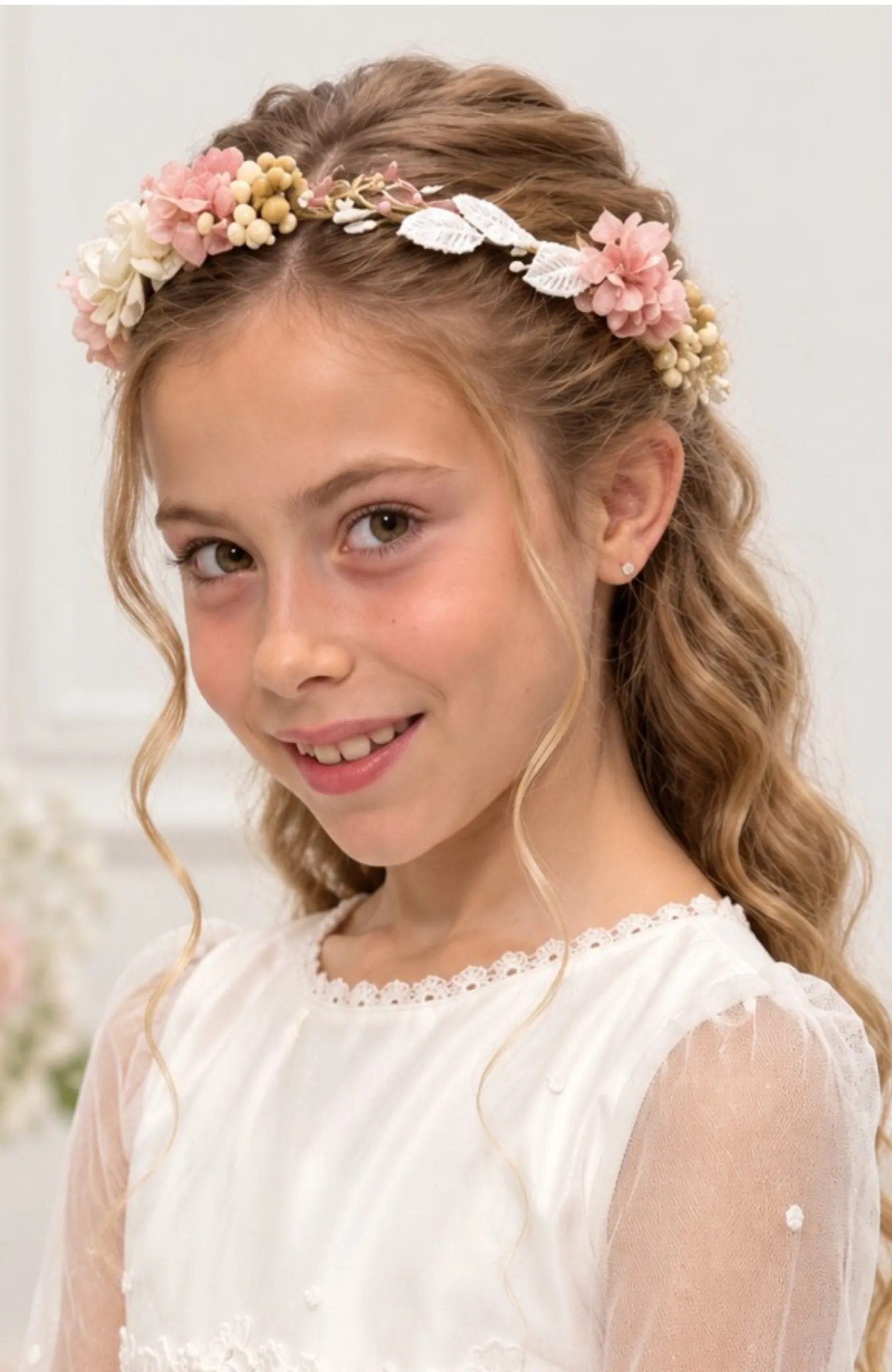 Corona niña ceremonia rosa Carrer