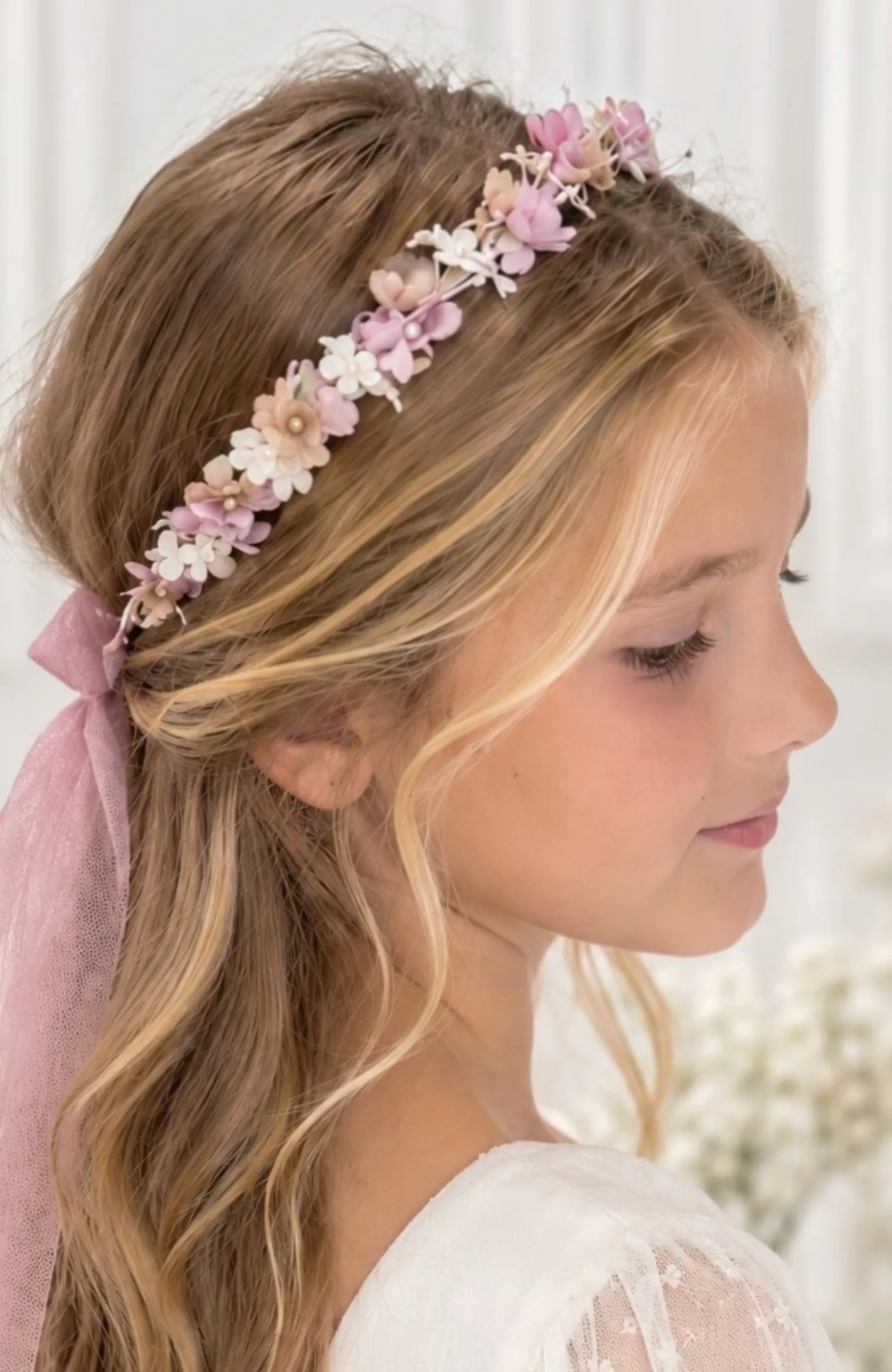 Corona niña ceremonia Comunión rosa Clave
