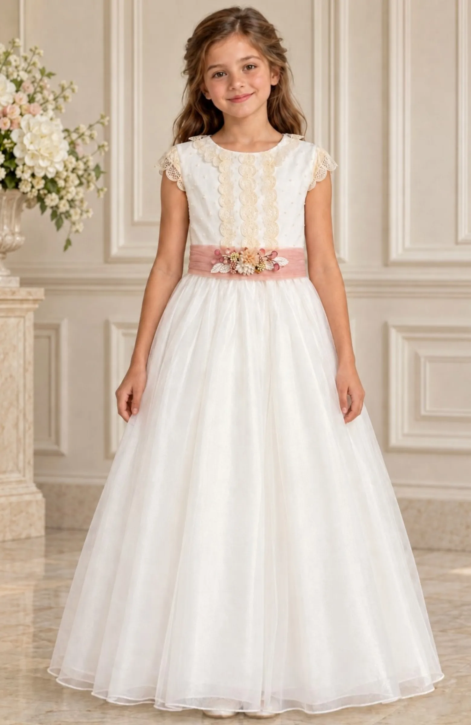 Vestido de Comunión con falda de capa y fajín rosa Ponza