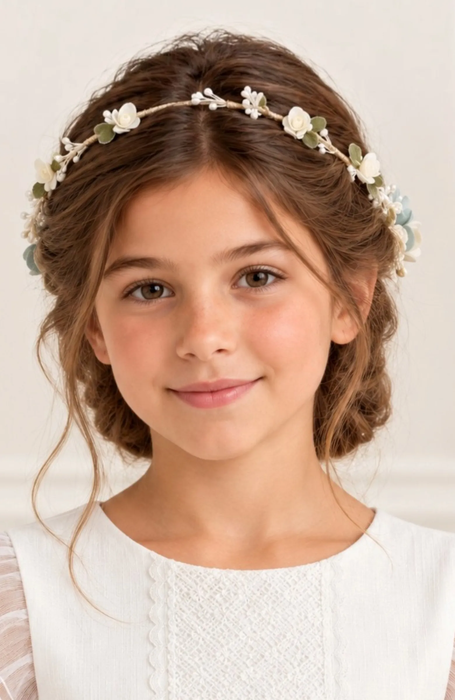 Corona flores niña ceremonia Comunión verde Coro