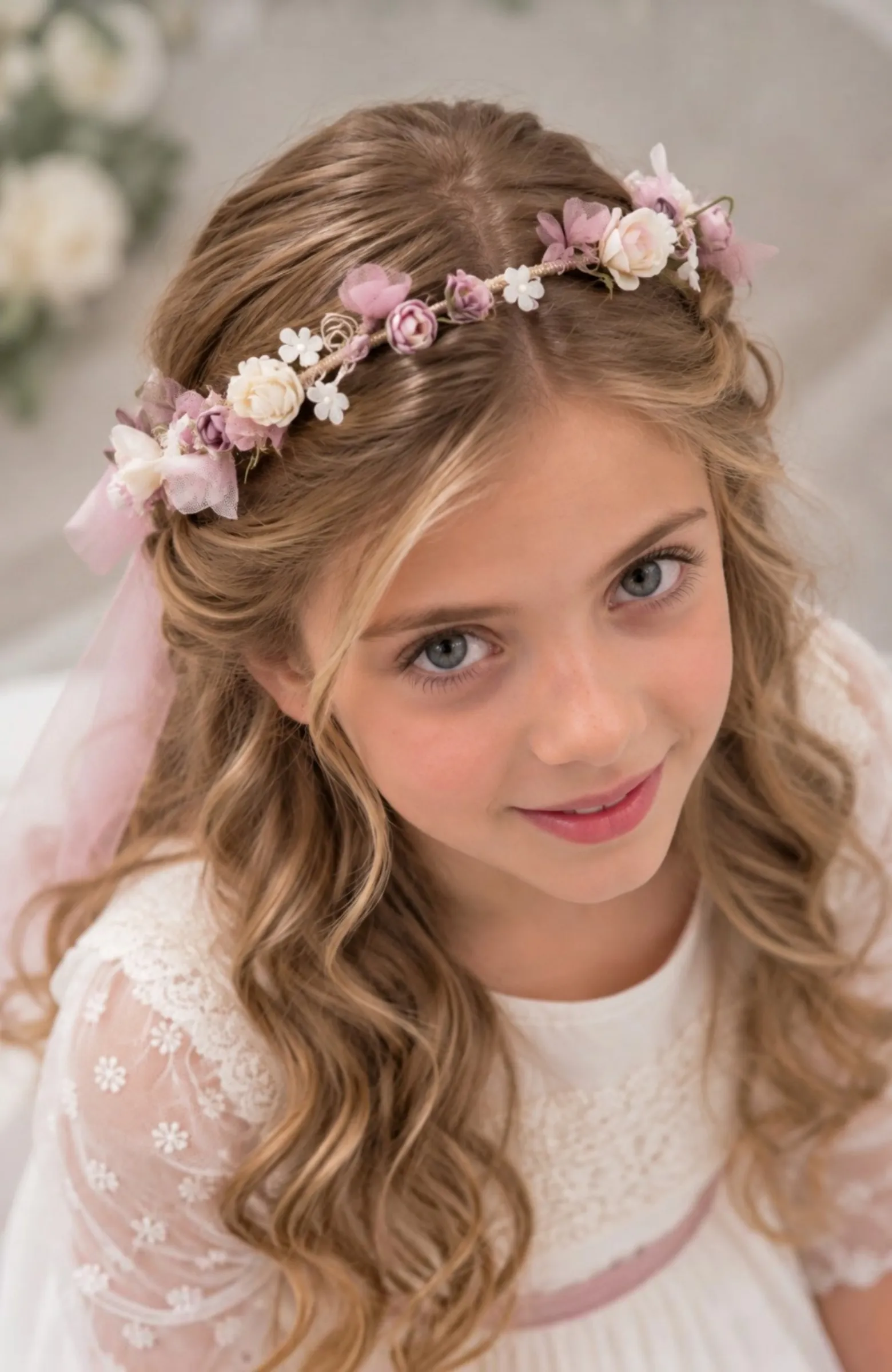 Corona niña ceremonia Comunión malva Dama