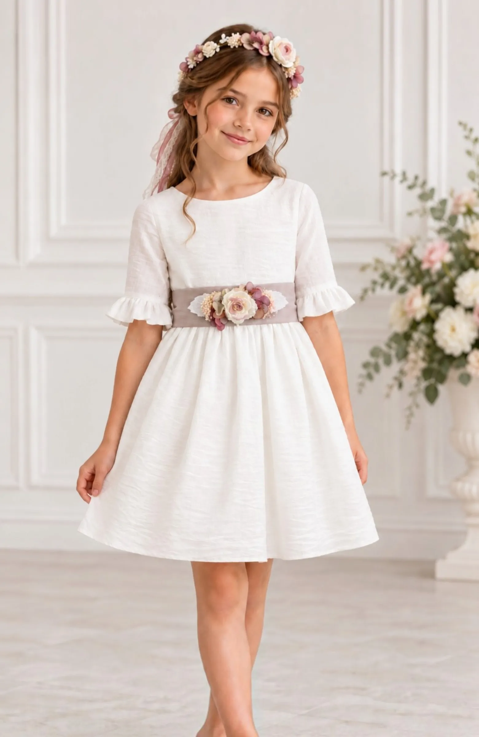 Vestido niña ceremonia fajin lino rosado Elia