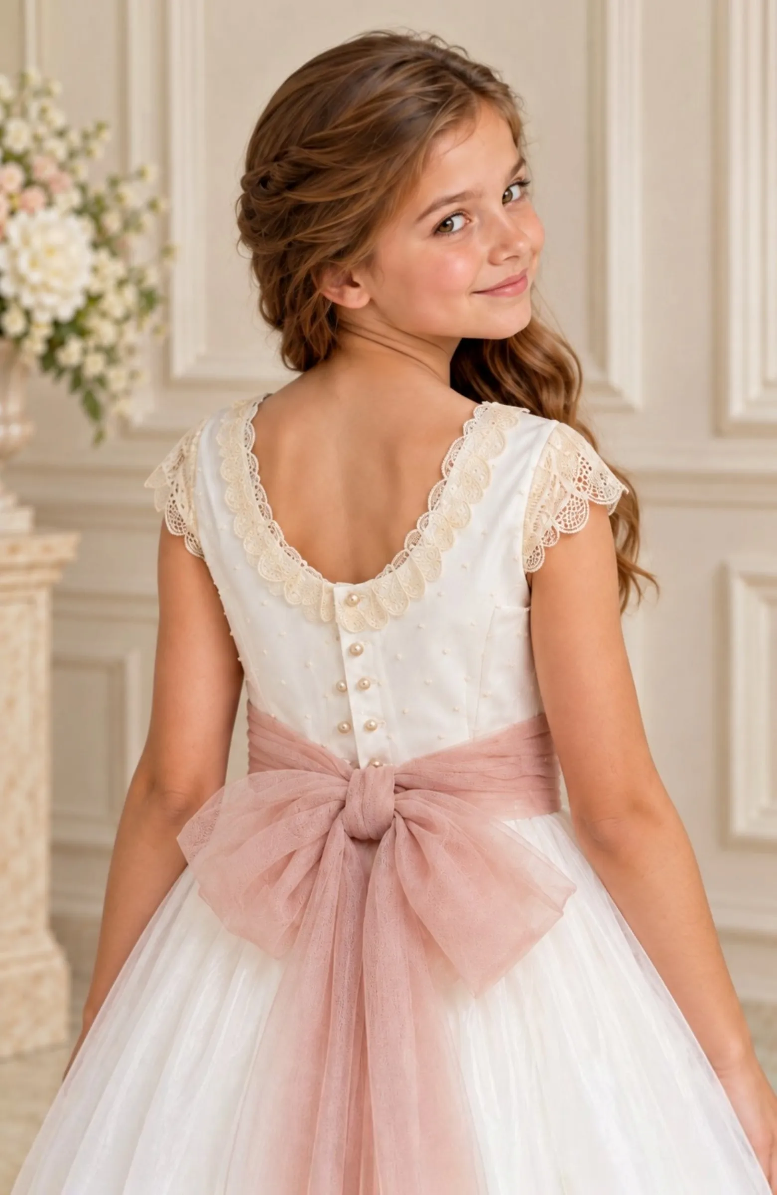 Vestido de Comunión con falda de capa y fajín rosa Ponza