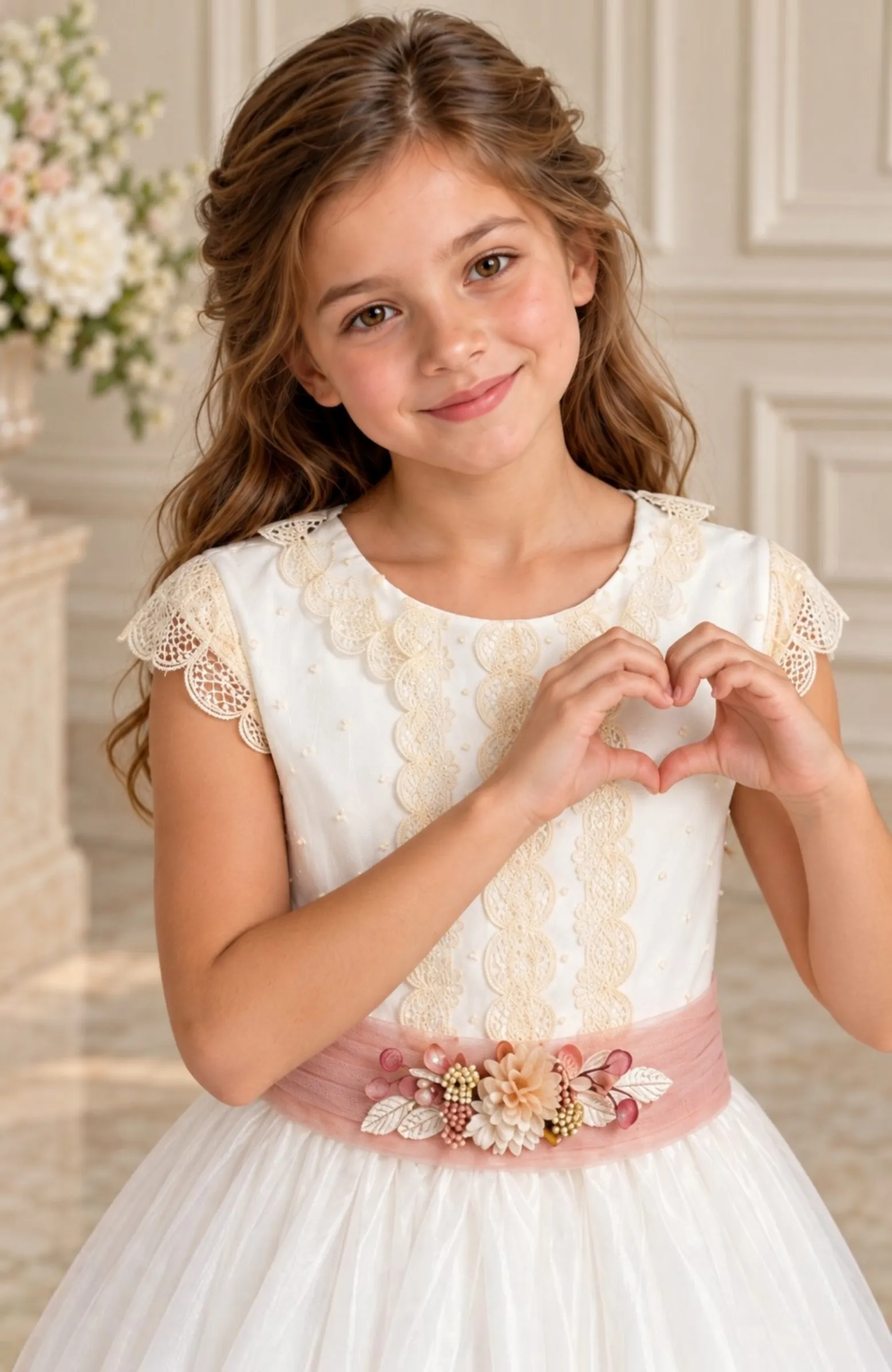 Vestido de Comunión con falda de capa y fajín rosa Ponza