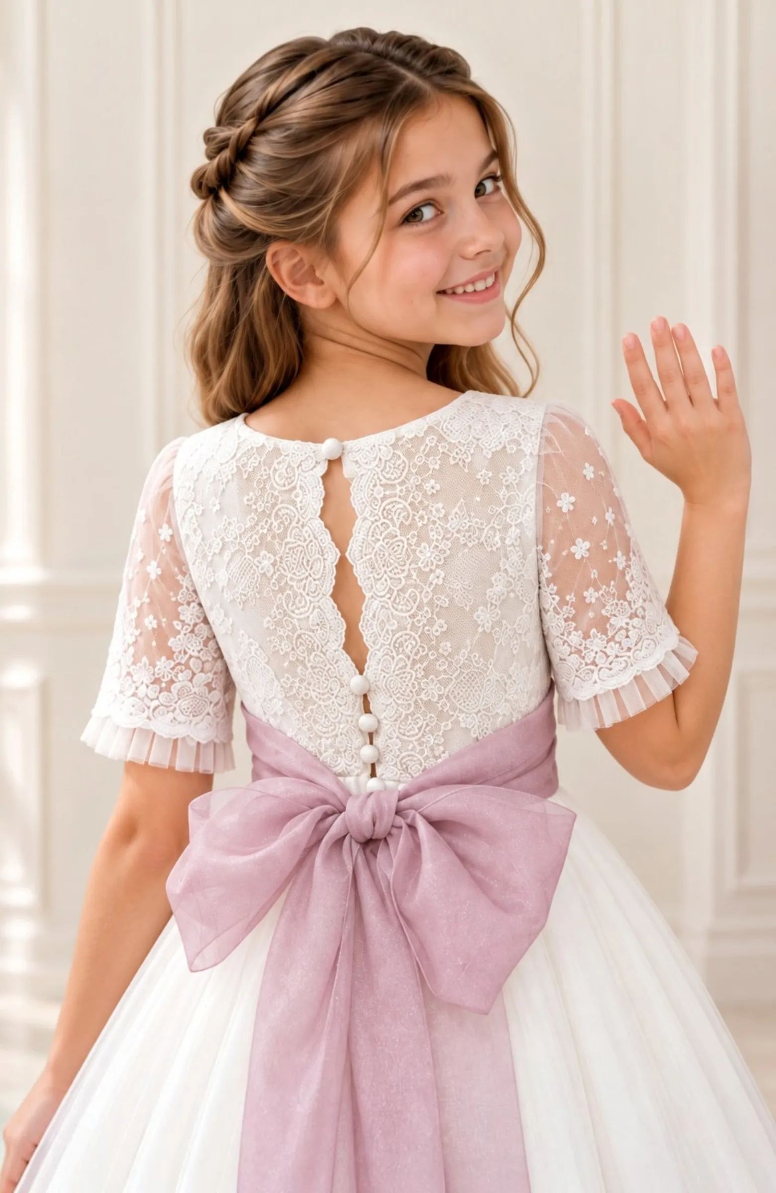 Vestido niña Comunión bordado fajín morado Secha