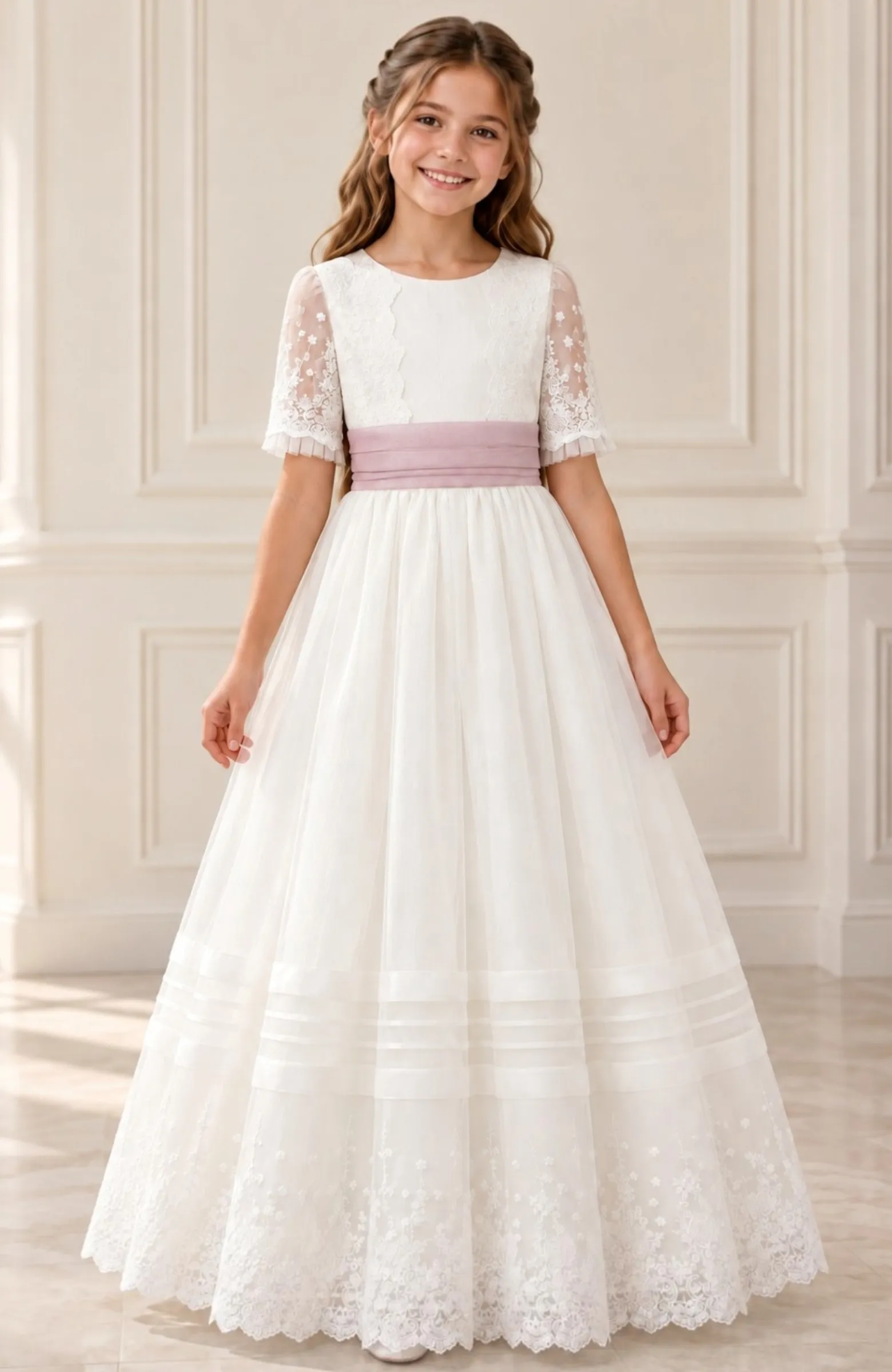 Vestido niña Comunión bordado fajín morado Secha