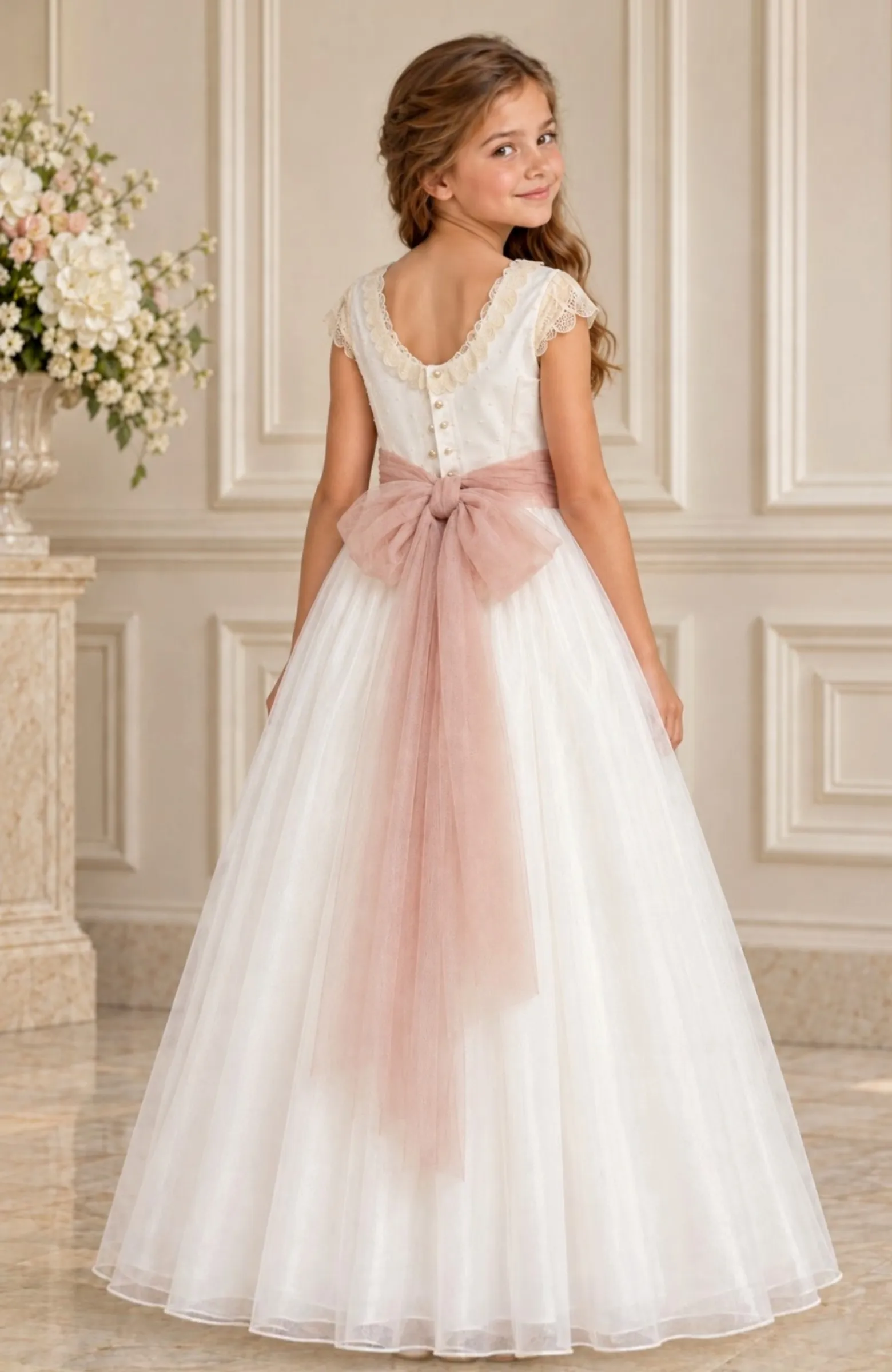 Vestido de Comunión con falda de capa y fajín rosa Ponza
