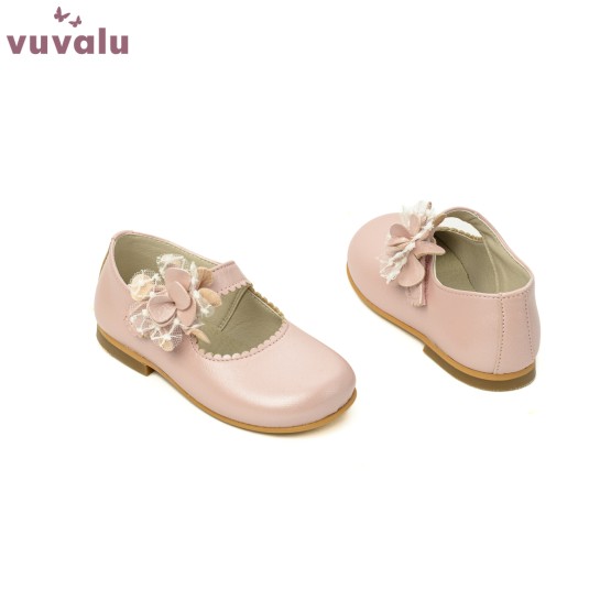 ZAPATO NIÑA con flor de piel rosa
