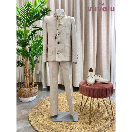 TRAJE+CAMISA NIÑO CUELLO MAO LINO TOSTADO